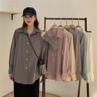 Áo sơ mi kiểu nữ Tay dài Form Dài rộng Ulzzang Hàn Quốc Sơ mi trơn nữ Dài tay Giấu quần Thời trang