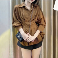 Áo sơ mi kiểu nữ tay lỡ, áo sơ mi công sở xếp ly eo tôn dáng phong cách HÀN QUỐC màu trắng nâu cốm LaRoSa