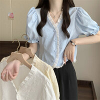 Áo sơ mi kiểu nữ tay ngắn viền bèo xinh xắn