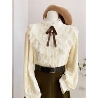 Aó sơ mi kiểu nữ thiết kế cổ bèo Pháp tiểu thư retro dài tay thu đông ngực đính nơ basix màu kem S25