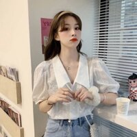 Áo sơ mi kiểu Pháp tay bồng hàng đầu cho nữ thiết kế chất boi thêu rỗng mát mẻ PinkLink