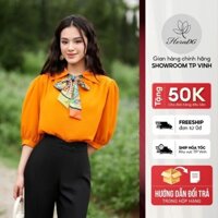 Áo sơ mi kiểu tay lỡ HeraDG thiết kế nơ lụa cổ rời áo suông nhún vai thanh lịch chất liệu xanh Recycle SASBC3005