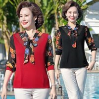 áo sơ mi kiểu trung niên nữ dài tay, áo sơ mi voan thắt nơ trung tuổi cho mẹ u40, u50