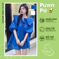 Áo sơ mi kiểu xanh coban dáng rộng tay phồng cổ thủy thủ dễ thương - Puwn Pơ🥑