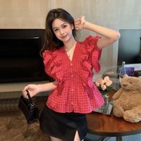 ÁO SƠ MI LÁ CÁNH SEN TAY PHỒNG CỔ CHỮ V PHONG CÁCH HÀN QUỐC