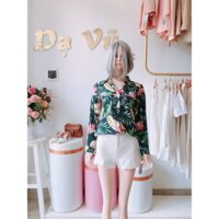 ÁO SƠ MI LÁ XANH HOA VÀNG TAY DÀI FOM RỘNG