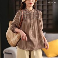 Áo sơ mi linen dài tay KAMAKA cổ đứng thêu retro kẻ sọc - A740