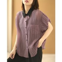 Áo sơ mi linen KAMAKA ngắn tay cổ pipi kẻ sọc bằng chữ - NU7391