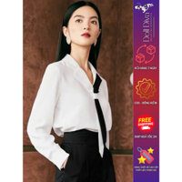 Áo Sơ Mi Lụa Cổ Cà Vạt Đen Trắng Cách Điệu, Áo Đôi Unisex Phong Cách Thanh Lịch Tinh Tế Doll Diva