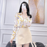 Áo Sơ Mi Lụa Dài Tay Công Sở Hoạ Tiết Dây Chuông Xích Vàng Nền Trắng Chất Lụa Cao Cấp, Áo Sơ Mi