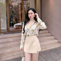 Áo Sơ Mi Lụa Dài Tay Công Sở Hoạ Tiết Gấu Misa Nền Be kẻ Chất Lụa Cao Cấp, Áo Sơ Mi