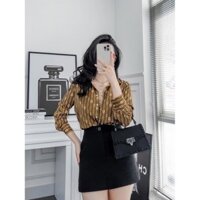 Áo sơ mi lụa dài tay họa tiết dây xích đen, nâu