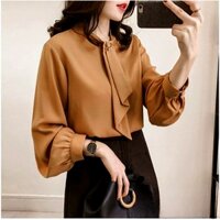 Áo sơ mi lụa hàng Quảng Châu cao cấp cho Nữ dài tay dài cổ kết nơ cố định,2 màu Vàng mơ,xanh Cổ vịt(Có Video)