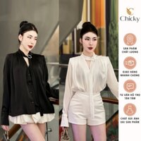 Áo Sơ Mi Lụa Mềm Mại Cổ V Phối Khuy Đá Vạt Chéo Tay Bồng Dáng Dài Style Thanh Lịch, Sang Trọng Siêu Hot