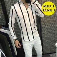 Áo sơ mi lụa nam trắng sọc đen AWZ