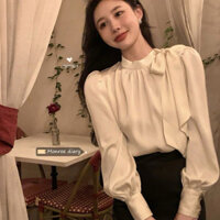Áo Sơ Mi Lụa Nữ Cổ Thắt Nơ ,Áo Sơ Mi  Cổ Tay Bo Đính Cúc Ngọc