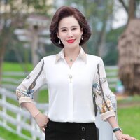 áo sơ mi lụa Quảng Châu cao cấp cho người trung niên áo sơ mi kiểu trung niên nữ áo sơ mi lụa tay phối họa tiết - Màu trắng,4XL