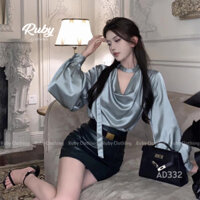 Áo Sơ mi lụa Satin cao cấp cổ thụng màu xanh kết hợp váy đen ngắn kèm thắt lưng thanh lịch và sang trọng phong cách Pháp