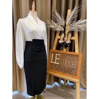 Áo sơ mi lụa tay bồng vạt chéo cổ V màu trắng sữa