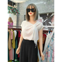 Áo sơ mi lụa thắt nơ cộc tay