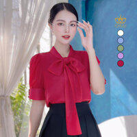 Áo sơ mi lụa thắt nơ kiểu tay phồng đính nút bọc CHUU A1603