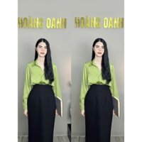 Áo sơ mi lụa trơn dài tay, áo sơ mi lụa ngọc trai XANH CỐM