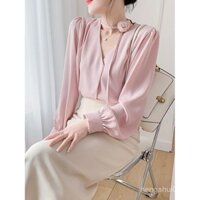 Áo sơ mi màu hồng cổ hoa hồng phong cách dịu dàng kiểu Pháp Áo voan cổ lọ sang trọng cho nữ cao cấp