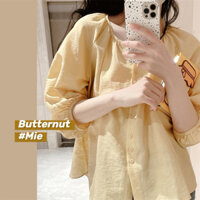 Áo sơ mi màu vàng pastel cổ tròn dài tay bo có khuy dáng babydoll style rộng rãi ulzzang Hàn Quốc dịu dàng