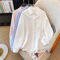 Áo sơ mi màu xanh lam khăn choàng ren giả hai chiếc áo sơ mi nữ mẫu mới mùa xuân cổ polo