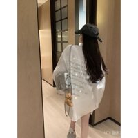 Áo sơ mi mỏng phong cách Hàn cỡ lớn cho phụ nữ, áo dài tay chống nắng, áo siêu nặng công nghiệp, đính đá, ép nhiệt, áo trắng mỏng chữ Anh, áo cardigan mới mùa hè 2025