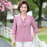 Áo sơ mi mùa hè phong cách mới thanh lịch cho phụ nữ trung niên, họa tiết chấm bi, tay ba phần tư, dáng rộng, kích thước lớn, cổ tròn, áo thời trang đa năng và sang trọng