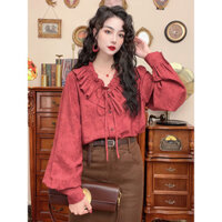 Áo sơ mi mùa thu tay dài nhỏ nhắn, tay phồng, thiết kế áo retro Pháp thời thượng, cảm giác thiết kế, xếp ly đỏ GBIC