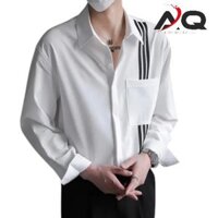 Áo sơ mi nam 3 sọc chất mango mát hàn quốc tay dài trắng đen phối viền túi thấm hút mồ hôi co dãn tốt