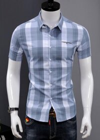 Áo Sơ Mi Nam Caro Phối Chữ Ngắn Tay PONIVA Mã 01 Thời Trang Nam Công Sở Thiết Kế Lịch Lãm Nam Tính Và Sang Trọng - Xanh xám - XL