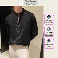 Áo sơ mi nam cổ tàu cổ trụ form rộng tay dài trẻ trung thanh lịch vải lụa mềm mịn mát ít nhăn- MRDT01 - Màu Đen - L