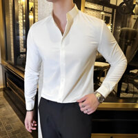 Áo Sơ Mi Nam Cổ Tàu Trơn Dài Tay Hàn Quốc, Áo Sơ Mi Cổ Trụ Vải Lụa Chống Nhăn