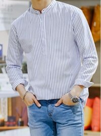 Áo sơ mi nam cổ trụ dài tay - Sọc xanh navy,L