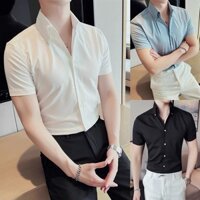 Áo sơ mi nam cộc tay  cao cấp trắng đen xanh dáng ôm vải lụa trơn , co giãn đẹp thời trang công sở sang trọng Hàn Quốc
