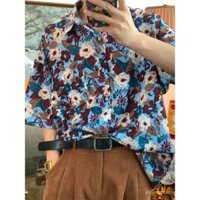 Áo sơ mi nam cộc tay phong cách Hồng Kông màu xanh lam Áo sơ mi hoa nhỏ rộng rãi Hawaii cổ điển Lụa băng mỏng mùa hè cho nam ROMM