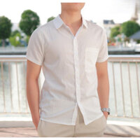Áo sơ mi nam cộc tay vải đũi cổ bẻ full cúc