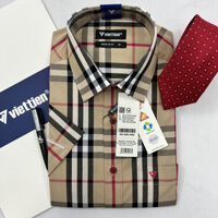 Áo sơ mi nam cộc tay Việt tiến kẻ caro 8P2157 -Regularfit vạt ngang
