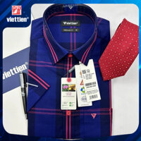 Áo sơ mi nam cộc tay Việt tiến kẻ caro 1Q6212 -Regularfit vạt ngang