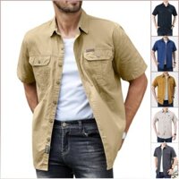 Áo sơ mi nam cotton công sở cỡ lớn Áo thun ngắn tay Cargo Nam Quân đội Nút xuống Áo sơ mi ngoài trời có túi