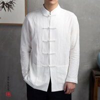Áo sơ mi nam cotton lanh phong cách Trung Quốc, kích thước lớn, tay dài, phong cách retro truyền thống Trung Quốc, cổ đứng, áo tang suit nam
