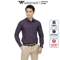 Áo Sơ Mi Nam Dài Tay ARISTINO ALS41102 Somi Công Sở Cao Cấp Màu Xanh Tím Than KẻChất Vải Sợi Sồi Dáng Suông Fit Có Túi