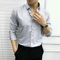 ÁO SƠ MI NAM DÀI TAY MÀU XÁM GHI, CỔ BẺ DÁNG ÔM, CHẤT VẢI LỤA THÁI MỀM MỊN CHỐNG NHĂN