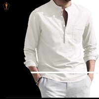 Áo sơ mi nam dài tay vải đũi cổ tàu