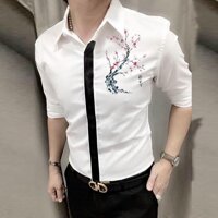 Áo sơ mi nam dài tay viền đen giữa họa tiết cây hoa anh đào - L