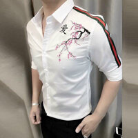 Áo sơ mi nam dài tay viền vai xanh đỏ họa tiết cành hoa anh đào - L