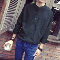 Áo sơ mi nam đen cổ tàu